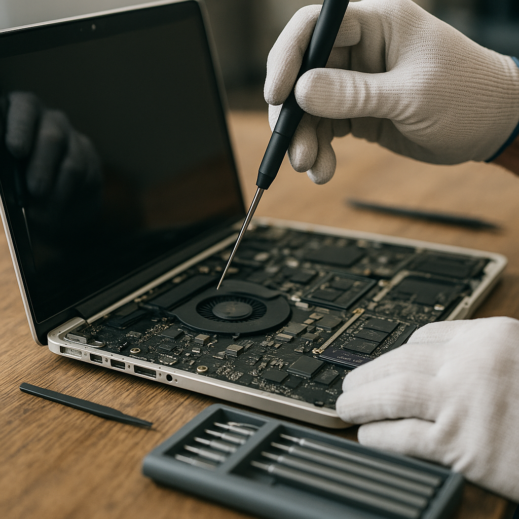 Technician working on laptop with tools visible